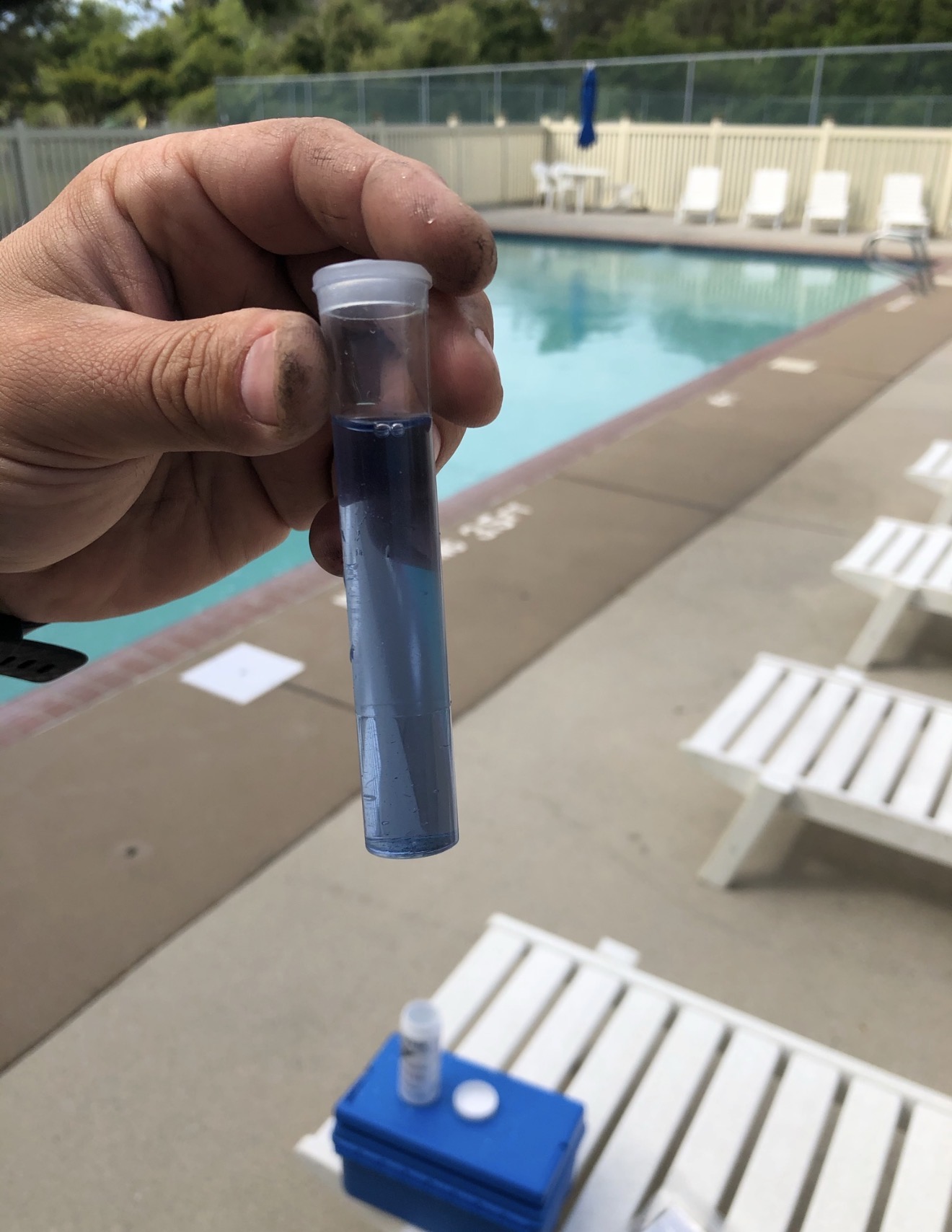 A hand holds a pool-water testing vial in front of a swimming pool.