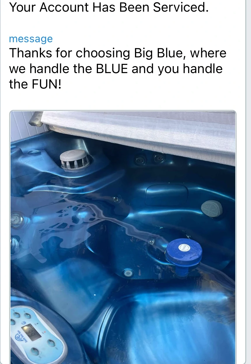 Big Blue spa service update with a completed-service note and visit photo; personal details omitted